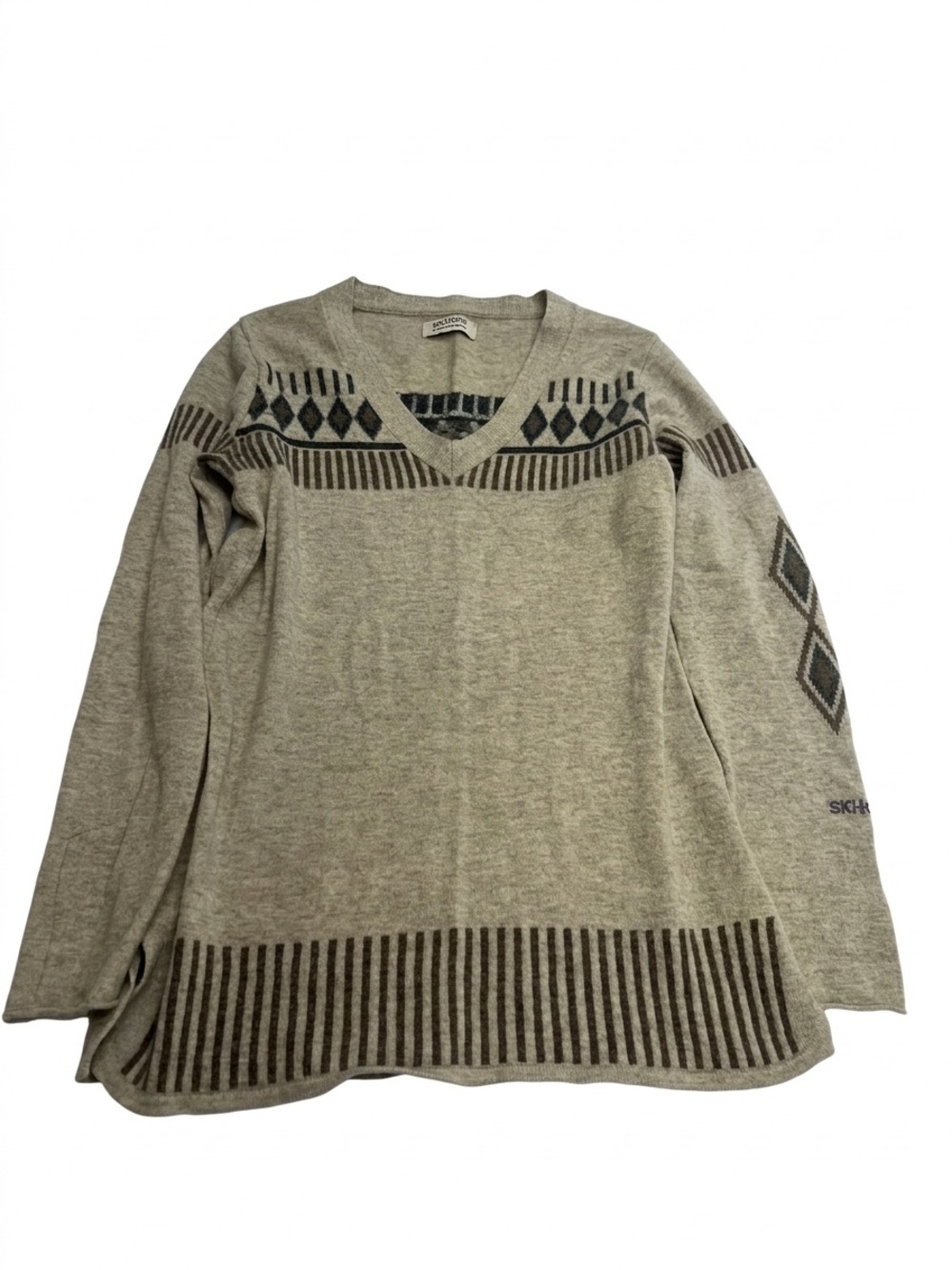 SKHOOP Sweden Fair Isle Lambswool V-Neck Ski Sweater Knit Oatmeal Beige Taupe M